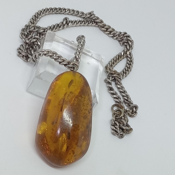 * vintage antique large baltic amber pendant 20" chain clasp marked 12K GF - Picture 1 of 6